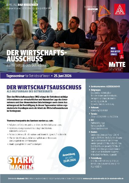 Flyer Tagesseminar für Betriebsrät*innen am 25. Juni 2026: 